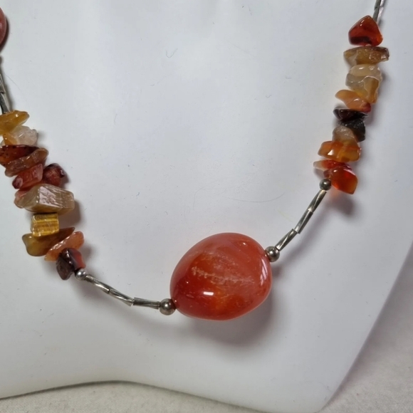 Sterling Silver Agate Necklace Amber Tone Toggle Clasp - Picture 3 of 10